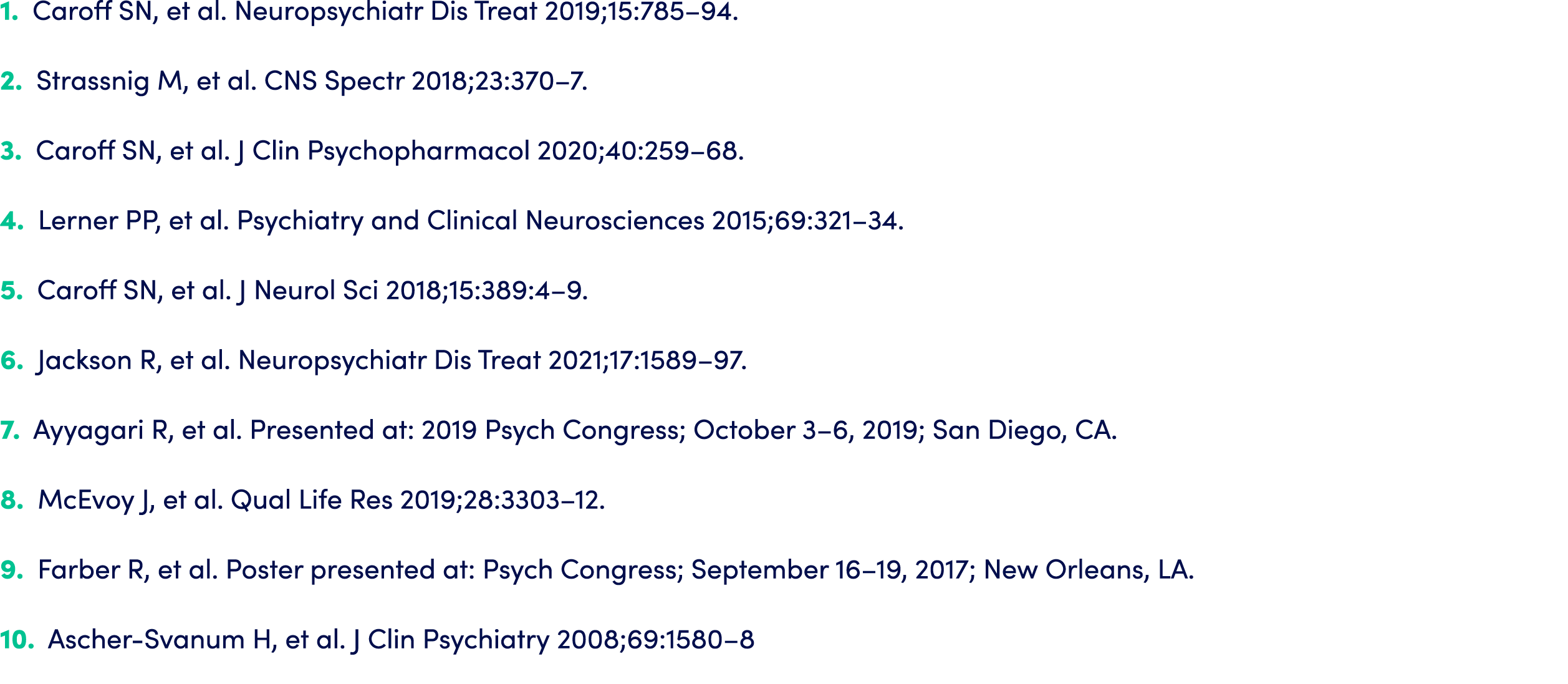 1. Caroff SN, et al. Neuropsychiatr Dis Treat 2019;15:785–94. 2. Strassnig M, et al. CNS Spectr 2018;23:370–7. 3. Car...