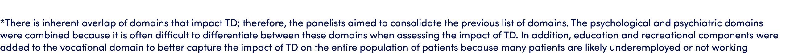 *There is inherent overlap of domains that impact TD; therefore, the panelists aimed to consolidate the previous list...