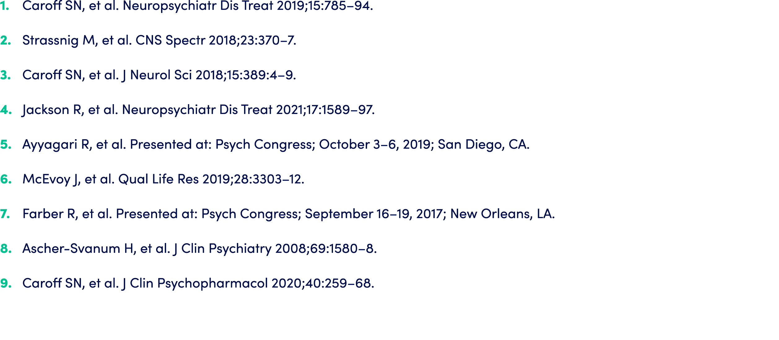 1. Caroff SN, et al. Neuropsychiatr Dis Treat 2019;15:785–94. 2. Strassnig M, et al. CNS Spectr 2018;23:370–7. 3. Car...